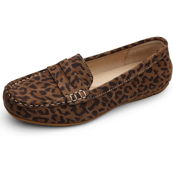 Kordal Women Leopard Suede Gold Accent Buckle Slip-Ons Walking Flats Loafers - Picture 2 of 9